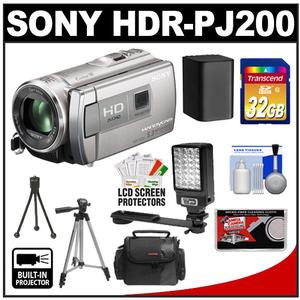 Sony Handycam HDR-PJ200 1080p HD Video Camera Camcorder with Projector (Silver) with 32GB Card + LED Video Light + Battery + Tripods + Case + Accessory Kit - Digital Cameras and Accessories - Hip Lens.com