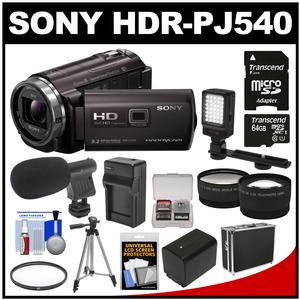 Sony Handycam HDR-PJ540 32GB 1080p HD Video Camera Camcorder with Projector (Black) with 64GB Card + Battery/Charger + Case + LED Light + Mic + Tripod + Tele/Wide Lens Kit