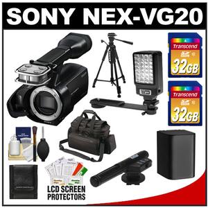Sony Handycam NEX-VG20 1080 HD Video Camera Camcorder Body with Sony Case + (2) 32GB Cards + Battery + LED Video Light + Microphone + Tripod + Kit - Digital Cameras and Accessories - Hip Lens.com
