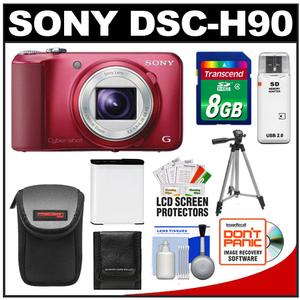 Sony Cyber-Shot DSC-H90 Digital Camera (Red) with 8GB Card + Case + Battery + Tripod + Accessory Kit - Digital Cameras and Accessories - Hip Lens.com