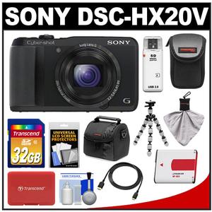 Sony Cyber-Shot DSC-HX20V GPS Digital Camera (Black) with 32GB Card + Battery + (2) Cases + Tripod + HDMI Cable + Accessory Kit - Digital Cameras and Accessories - Hip Lens.com