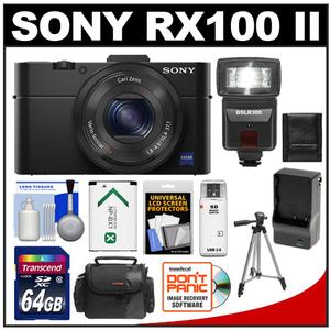 Sony Cyber-Shot DSC-RX100 II Wi-Fi Digital Camera (Black) with 64GB Card + Battery & Charger + Case + Flash + Tripod + Accessory Kit