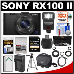 Sony Cyber-Shot DSC-RX100 II Wi-Fi Digital Camera (Black) with 64GB Card + Battery & Charger + Case + Tripod + Flash + 3 Filters + Adapter + Kit