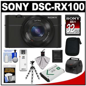 Sony Cyber-Shot DSC-RX100 Digital Camera (Black) with Sony 32GB Card + 2 Cases + Battery + Flex Tripod + Accessory Kit - Digital Cameras and Accessories - Hip Lens.com