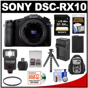 Sony Cyber-Shot DSC-RX10 Digital Camera with 24-200mm f/2.8 Zoom Lens with 64GB Card + Battery + Charger + Backpack + Flash + Flex Tripod + Kit