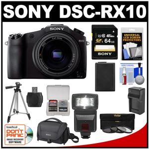 Sony Cyber-Shot DSC-RX10 Digital Camera with 24-200mm f/2.8 Zoom Lens with 64GB Card + Battery + Charger + Case + Flash + Tripod + Accessory Kit