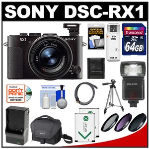 Sony Cyber-Shot DSC-RX1 Full-Frame Digital Camera (Black) with 64GB Card + 2 Batteries + Charger + Case + Flash + 3 Filters + Tripod + Accessory Kit