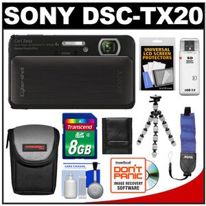 Sony Cyber-Shot DSC-TX20 Shock & Waterproof Digital Camera (Black) with 8GB Card + Case + Flex Tripod + Floating Strap + Accessory Kit - Digital Cameras and Accessories - Hip Lens.com