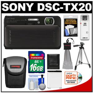 Sony Cyber-Shot DSC-TX20 Shock & Waterproof Digital Camera (Black) with 16GB Card + Battery + Case + Tripod + Accessory Kit - Digital Cameras and Accessories - Hip Lens.com
