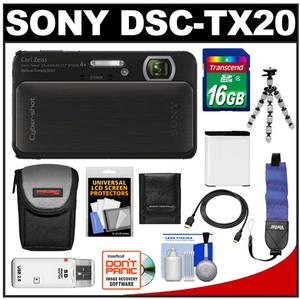 Sony Cyber-Shot DSC-TX20 Shock & Waterproof Digital Camera (Black) with 16GB Card + Battery + Case + Tripod + Floating Strap + HDMI Cable + Accessory Kit - Digital Cameras and Accessories - Hip Lens.com
