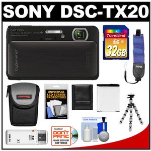 Sony Cyber-Shot DSC-TX20 Shock & Waterproof Digital Camera (Black) with 32GB Card + Battery + Case + Flex Tripod + Floating Strap + Accessory Kit - Digital Cameras and Accessories - Hip Lens.com