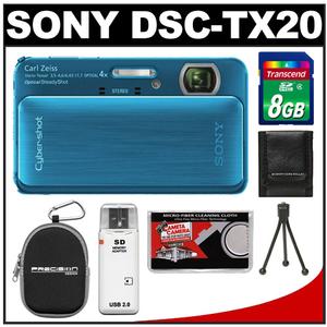 Sony Cyber-Shot DSC-TX20 Shock & Waterproof Digital Camera (Blue) with 8GB Card + Case + Tripod + Accessory Kit - Digital Cameras and Accessories - Hip Lens.com
