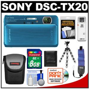 Sony Cyber-Shot DSC-TX20 Shock & Waterproof Digital Camera (Blue) with 8GB Card + Case + Flex Tripod + Floating Strap + Accessory Kit - Digital Cameras and Accessories - Hip Lens.com