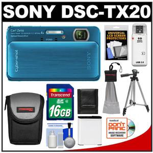 Sony Cyber-Shot DSC-TX20 Shock & Waterproof Digital Camera (Blue) with 16GB Card + Battery + Case + Tripod + Accessory Kit - Digital Cameras and Accessories - Hip Lens.com