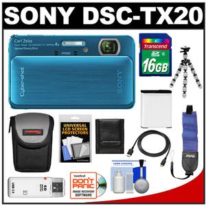 Sony Cyber-Shot DSC-TX20 Shock & Waterproof Digital Camera (Blue) with 16GB Card + Battery + Case + Tripod + Floating Strap + HDMI Cable + Accessory Kit - Digital Cameras and Accessories - Hip Lens.com