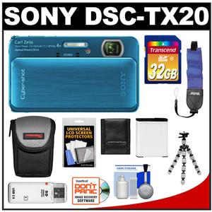 Sony Cyber-Shot DSC-TX20 Shock & Waterproof Digital Camera (Blue) with 32GB Card + Battery + Case + Flex Tripod + Floating Strap + Accessory Kit - Digital Cameras and Accessories - Hip Lens.com
