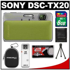 Sony Cyber-Shot DSC-TX20 Shock & Waterproof Digital Camera (Green) with 8GB Card + Case + Tripod + Accessory Kit - Digital Cameras and Accessories - Hip Lens.com