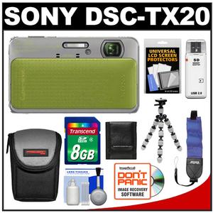 Sony Cyber-Shot DSC-TX20 Shock & Waterproof Digital Camera (Green) with 8GB Card + Case + Flex Tripod + Floating Strap + Accessory Kit - Digital Cameras and Accessories - Hip Lens.com