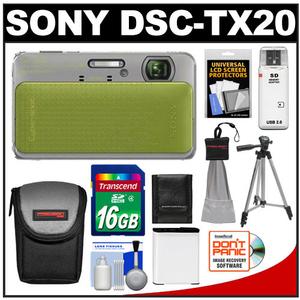 Sony Cyber-Shot DSC-TX20 Shock & Waterproof Digital Camera (Green) with 16GB Card + Battery + Case + Tripod + Accessory Kit - Digital Cameras and Accessories - Hip Lens.com