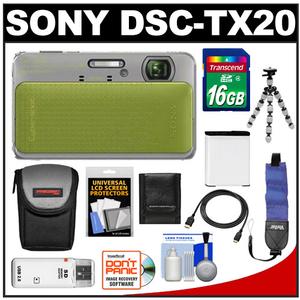 Sony Cyber-Shot DSC-TX20 Shock & Waterproof Digital Camera (Green) with 16GB Card + Battery + Case + Tripod + Floating Strap + HDMI Cable + Accessory Kit - Digital Cameras and Accessories - Hip Lens.com