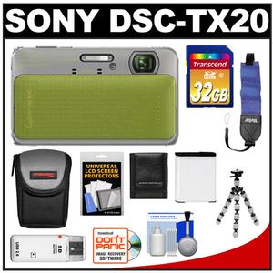 Sony Cyber-Shot DSC-TX20 Shock & Waterproof Digital Camera (Green) with 32GB Card + Battery + Case + Flex Tripod + Floating Strap + Accessory Kit - Digital Cameras and Accessories - Hip Lens.com
