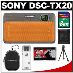 Sony Cyber-Shot DSC-TX20 Shock & Waterproof Digital Camera (Orange) with 8GB Card + Case + Tripod + Accessory Kit - Digital Cameras and Accessories - Hip Lens.com