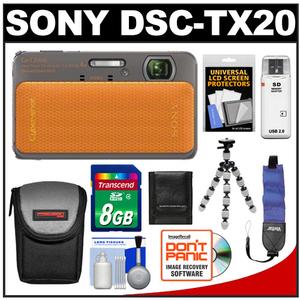 Sony Cyber-Shot DSC-TX20 Shock & Waterproof Digital Camera (Orange) with 8GB Card + Case + Flex Tripod + Floating Strap + Accessory Kit - Digital Cameras and Accessories - Hip Lens.com