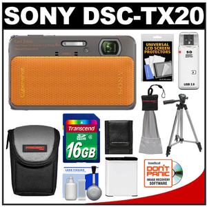 Sony Cyber-Shot DSC-TX20 Shock & Waterproof Digital Camera (Orange) with 16GB Card + Battery + Case + Tripod + Accessory Kit - Digital Cameras and Accessories - Hip Lens.com