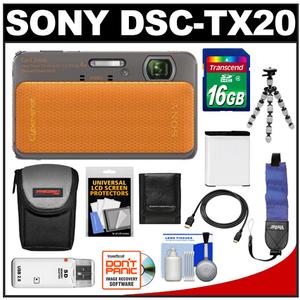 Sony Cyber-Shot DSC-TX20 Shock & Waterproof Digital Camera (Orange) with 16GB Card + Battery + Case + Tripod + Floating Strap + HDMI Cable + Accessory Kit - Digital Cameras and Accessories - Hip Lens.com
