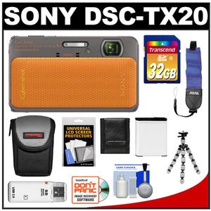 Sony Cyber-Shot DSC-TX20 Shock & Waterproof Digital Camera (Orange) with 32GB Card + Battery + Case + Flex Tripod + Floating Strap + Accessory Kit - Digital Cameras and Accessories - Hip Lens.com