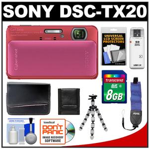 Sony Cyber-Shot DSC-TX20 Shock & Waterproof Digital Camera (Pink) with 8GB Card + Case + Flex Tripod + Floating Strap + Accessory Kit - Digital Cameras and Accessories - Hip Lens.com