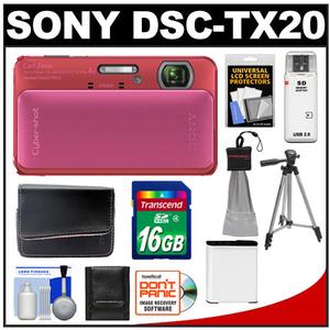 Sony Cyber-Shot DSC-TX20 Shock & Waterproof Digital Camera (Pink) with 16GB Card + Battery + Case + Tripod + Accessory Kit - Digital Cameras and Accessories - Hip Lens.com