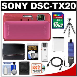 Sony Cyber-Shot DSC-TX20 Shock & Waterproof Digital Camera (Pink) with 16GB Card + Battery + Case + Tripod + Floating Strap + HDMI Cable + Accessory Kit - Digital Cameras and Accessories - Hip Lens.com
