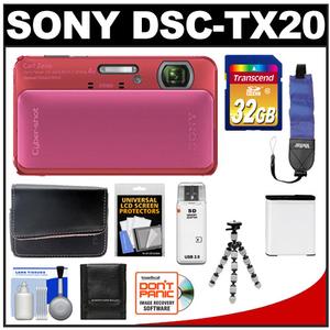 Sony Cyber-Shot DSC-TX20 Shock & Waterproof Digital Camera (Pink) with 32GB Card + Battery + Case + Flex Tripod + Floating Strap + Accessory Kit - Digital Cameras and Accessories - Hip Lens.com