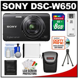Sony Cyber-Shot DSC-W650 Digital Camera (Black) with 8GB Card + Battery + Case + Tripod + Accessory Kit - Digital Cameras and Accessories - Hip Lens.com