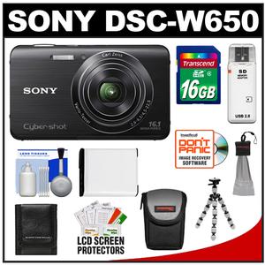 Sony Cyber-Shot DSC-W650 Digital Camera (Black) with 16GB Card + Battery + Case + Flex Tripod + Cleaning & Accessory Kit - Digital Cameras and Accessories - Hip Lens.com