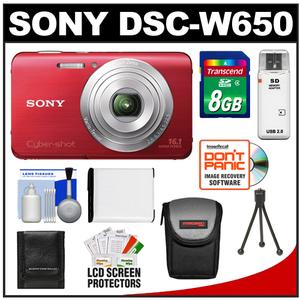 Sony Cyber-Shot DSC-W650 Digital Camera (Red) with 8GB Card + Battery + Case + Tripod + Accessory Kit - Digital Cameras and Accessories - Hip Lens.com