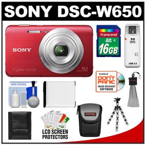 Sony Cyber-Shot DSC-W650 Digital Camera (Red) with 16GB Card + Battery + Case + Flex Tripod + Cleaning & Accessory Kit - Digital Cameras and Accessories - Hip Lens.com