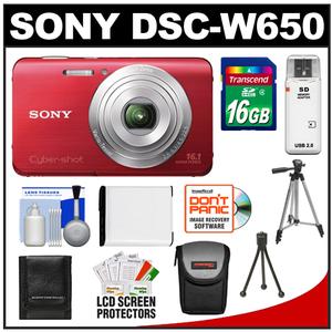 Sony Cyber-Shot DSC-W650 Digital Camera (Red) with 16GB Card + Battery + Case + Tripod + Cleaning & Accessory Kit - Digital Cameras and Accessories - Hip Lens.com
