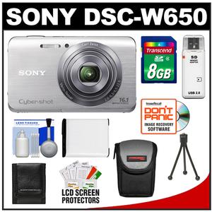 Sony Cyber-Shot DSC-W650 Digital Camera (Silver) with 8GB Card + Battery + Case + Tripod + Accessory Kit - Digital Cameras and Accessories - Hip Lens.com