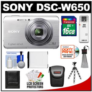 Sony Cyber-Shot DSC-W650 Digital Camera (Silver) with 16GB Card + Battery + Case + Flex Tripod + Cleaning & Accessory Kit - Digital Cameras and Accessories - Hip Lens.com