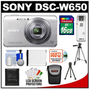 Sony Cyber-Shot DSC-W650 Digital Camera (Silver) with 16GB Card + Battery + Case + Tripod + Cleaning & Accessory Kit - Digital Cameras and Accessories - Hip Lens.com