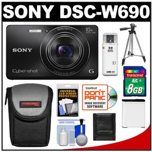 Sony Cyber-Shot DSC-W690 Digital Camera (Black) with 8GB Card + Battery + Case + Tripod + Accessory Kit - Digital Cameras and Accessories - Hip Lens.com