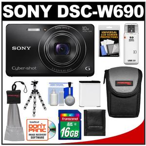 Sony Cyber-Shot DSC-W690 Digital Camera (Black) with 16GB Card + Battery + Case + Flex Tripod + Accessory Kit - Digital Cameras and Accessories - Hip Lens.com
