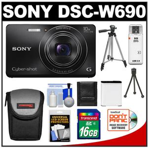 Sony Cyber-Shot DSC-W690 Digital Camera (Black) with 16GB Card + Battery + Case + Tripod +  Accessory Kit - Digital Cameras and Accessories - Hip Lens.com