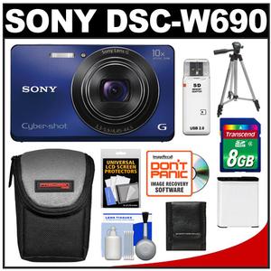 Sony Cyber-Shot DSC-W690 Digital Camera (Blue) with 8GB Card + Battery + Case + Tripod + Accessory Kit - Digital Cameras and Accessories - Hip Lens.com