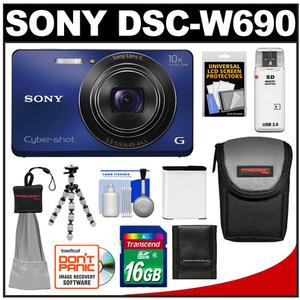 Sony Cyber-Shot DSC-W690 Digital Camera (Blue) with 16GB Card + Battery + Case + Flex Tripod + Accessory Kit - Digital Cameras and Accessories - Hip Lens.com