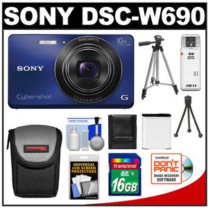 Sony Cyber-Shot DSC-W690 Digital Camera (Blue) with 16GB Card + Battery + Case + Tripod + Accessory Kit - Digital Cameras and Accessories - Hip Lens.com