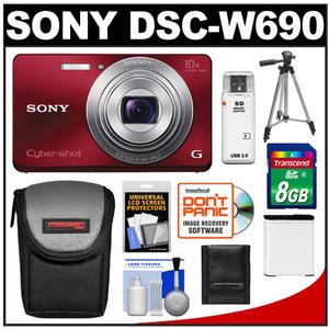 Sony Cyber-Shot DSC-W690 Digital Camera (Red) with 8GB Card + Battery + Case + Tripod + Accessory Kit - Digital Cameras and Accessories - Hip Lens.com