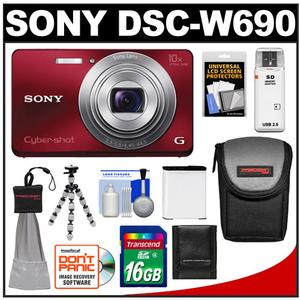 Sony Cyber-Shot DSC-W690 Digital Camera (Red) with 16GB Card + Battery + Case + Flex Tripod + Accessory Kit - Digital Cameras and Accessories - Hip Lens.com